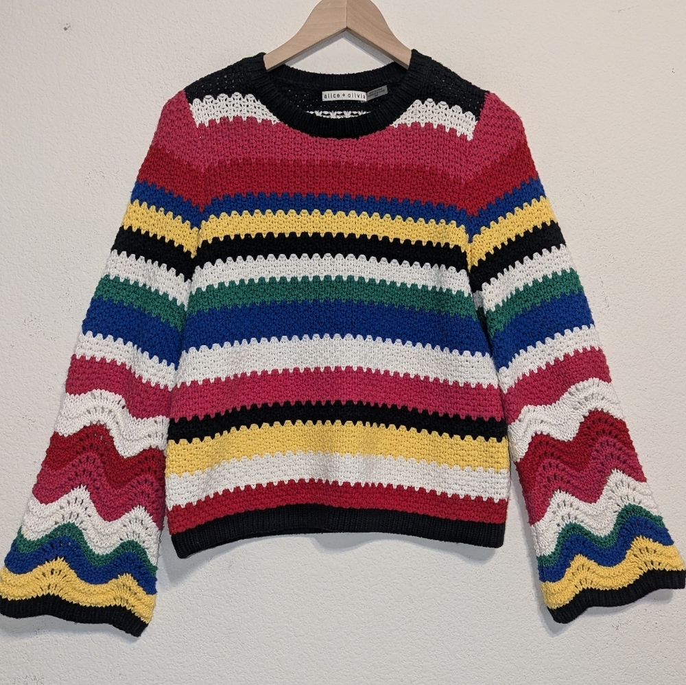 Alice + Olivia Multicolor Striped Crochet Crewneck Sweater
